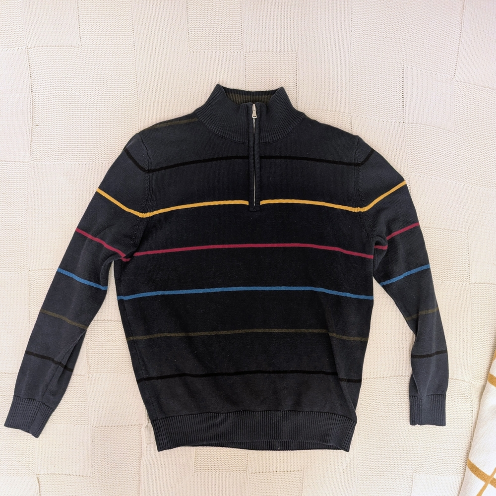 Tomodachi Men's Knit Sweater Navy Blue Striped 1/4 Zip Cotton Size Large Preppy - Picture 4 of 8